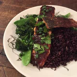 Photo of Poh's Miso glazed salmon with broccolini & black buttered rice