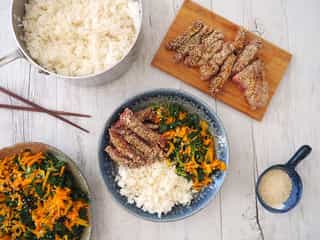 Photo of Coconut Rice with Sesame Seared Steak and Sautéed Vegetables