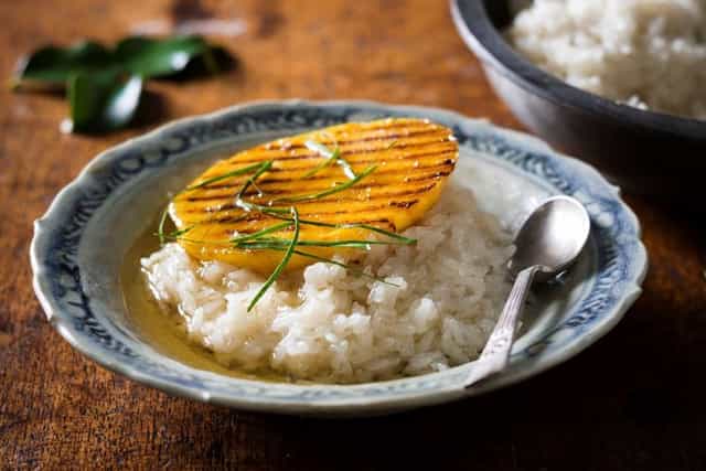 Photo of Coconut Sticky Rice with Grilled Mango and Kaffir Lime Syrup